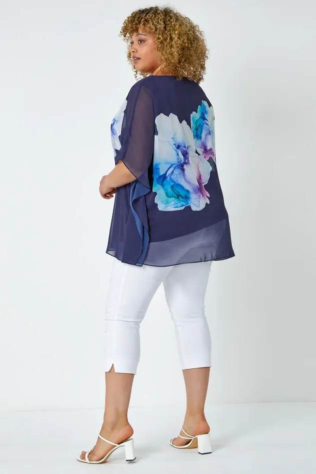 Women Navy Curve Floral Chiffon Overlay Top Roman Tops