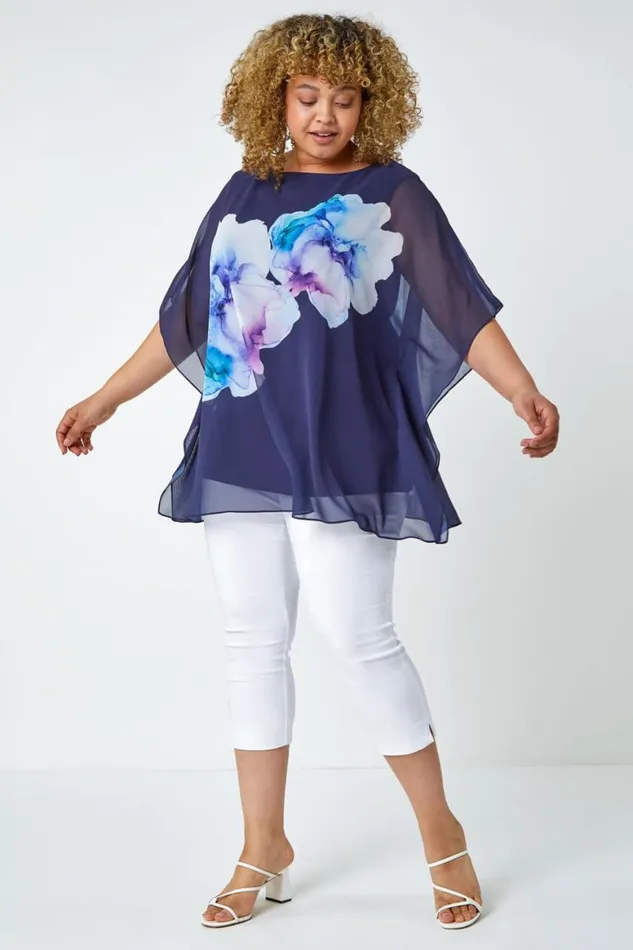 Women Navy Curve Floral Chiffon Overlay Top Roman Tops