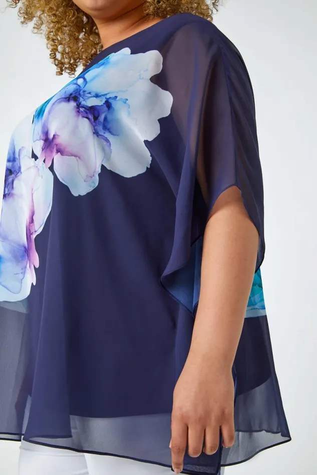 Women Navy Curve Floral Chiffon Overlay Top Roman Tops