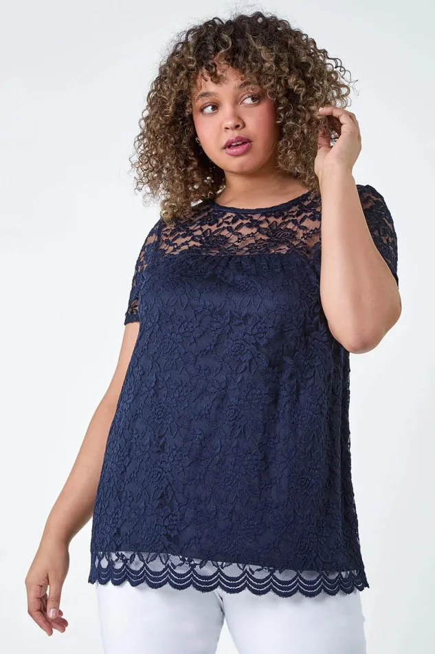 Women Navy Curve Lace Overlay Stretch Jersey Top Roman Tops
