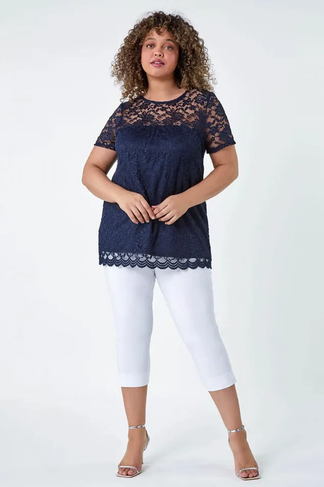 Women Navy Curve Lace Overlay Stretch Jersey Top Roman Tops