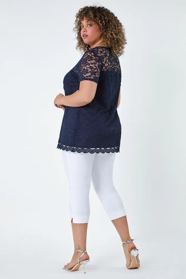 Women Navy Curve Lace Overlay Stretch Jersey Top Roman Tops