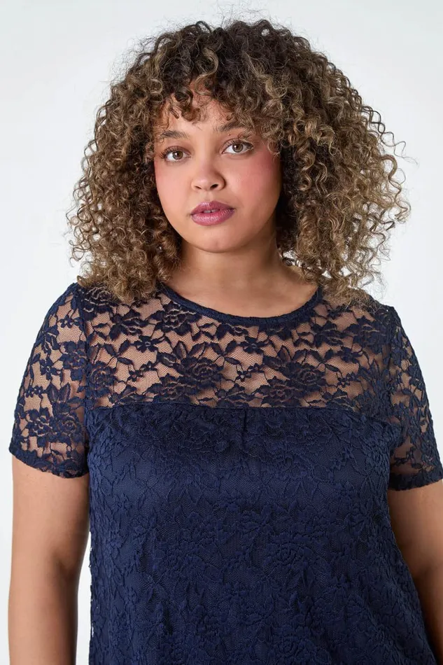 Women Navy Curve Lace Overlay Stretch Jersey Top Roman Tops