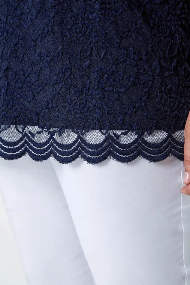 Women Navy Curve Lace Overlay Stretch Jersey Top Roman Tops