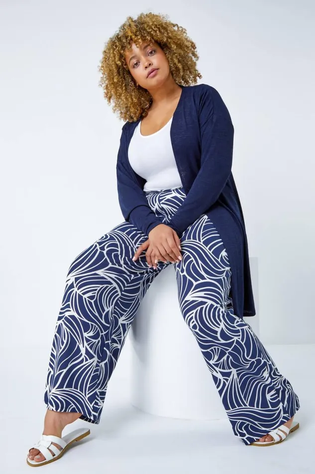 Women Navy Curve Linear Print Palazzo Trousers Roman Trousers