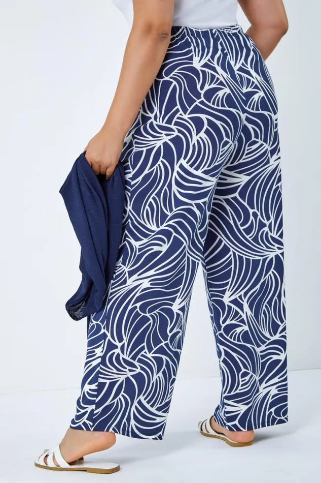 Women Navy Curve Linear Print Palazzo Trousers Roman Trousers