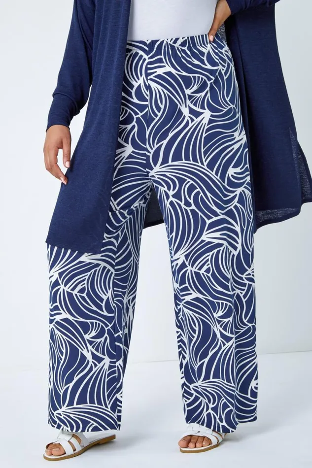 Women Navy Curve Linear Print Palazzo Trousers Roman Trousers
