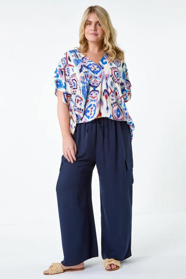 Women Navy Curve Linen Look Wide Leg Trousers Roman Trousers