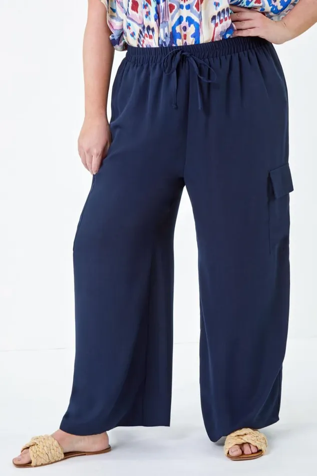 Women Navy Curve Linen Look Wide Leg Trousers Roman Trousers