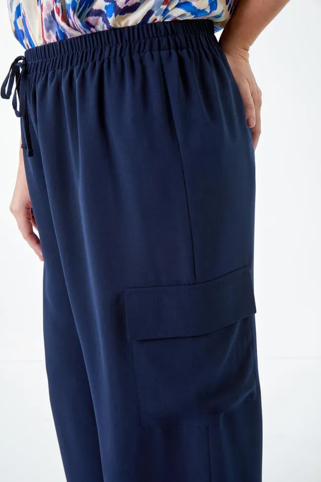 Women Navy Curve Linen Look Wide Leg Trousers Roman Trousers