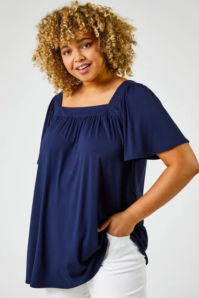 Women Navy Curve Plain Square Neck Top Roman Tops