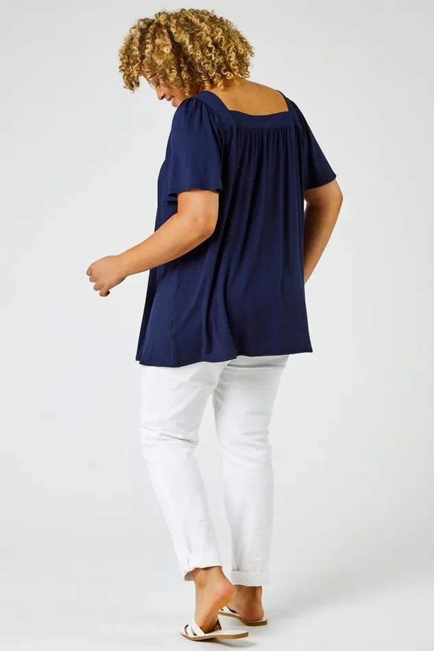 Women Navy Curve Plain Square Neck Top Roman Tops