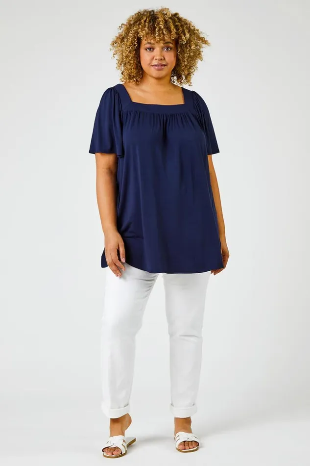 Women Navy Curve Plain Square Neck Top Roman Tops