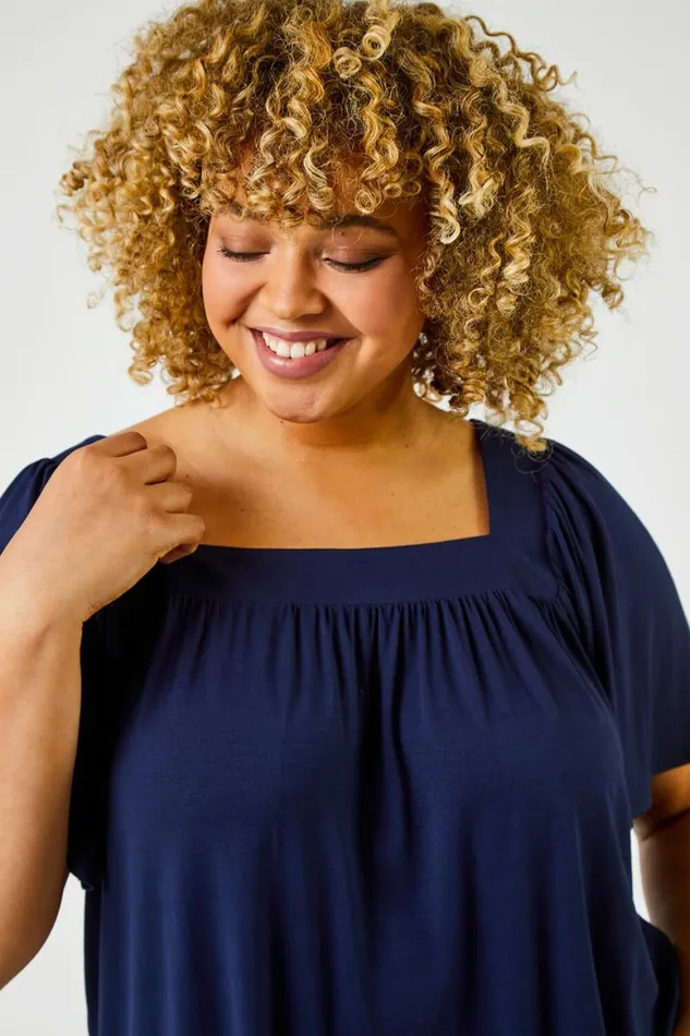 Women Navy Curve Plain Square Neck Top Roman Tops