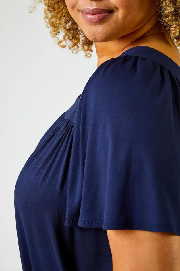Women Navy Curve Plain Square Neck Top Roman Tops