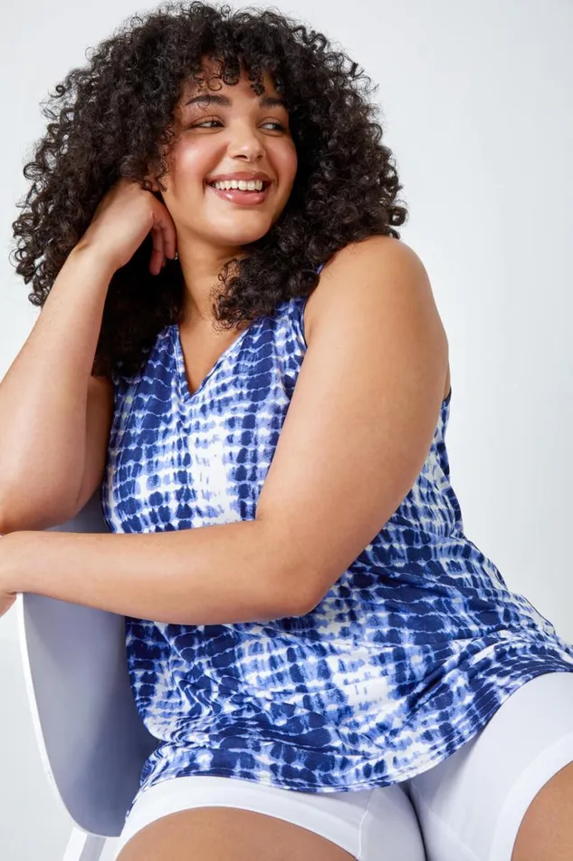 Women Navy Curve Tie Dye Stretch Vest Top Roman Tops