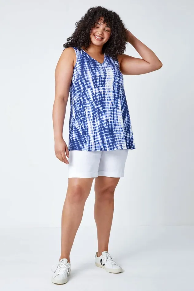 Women Navy Curve Tie Dye Stretch Vest Top Roman Tops