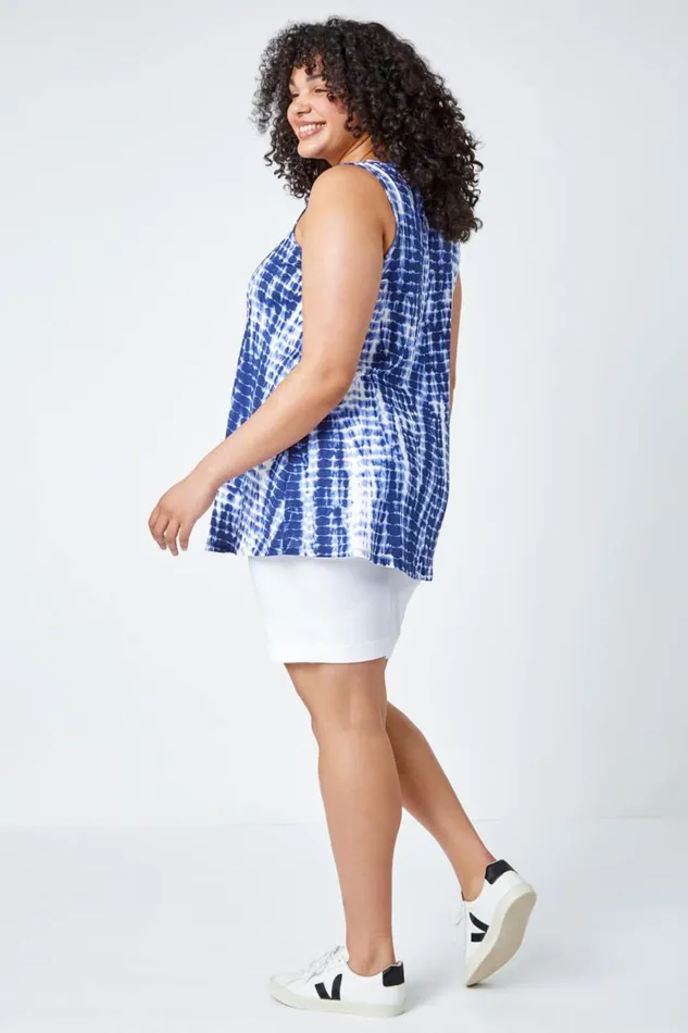 Women Navy Curve Tie Dye Stretch Vest Top Roman Tops
