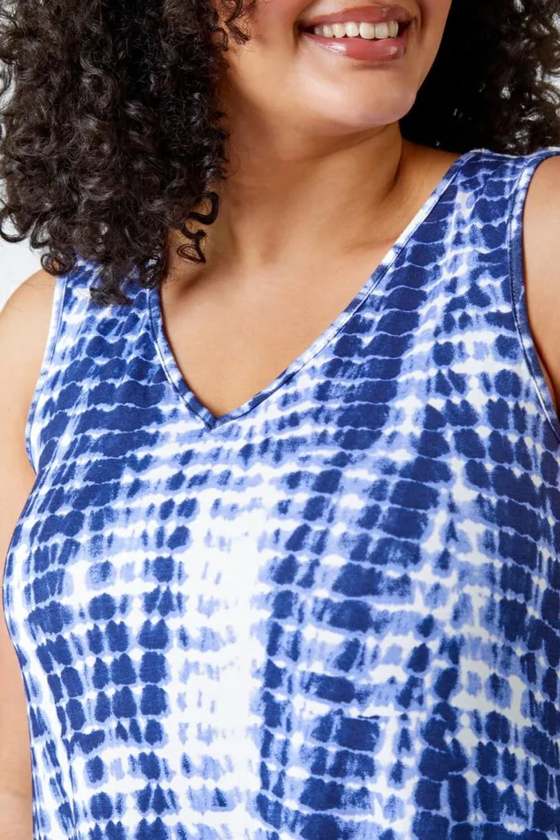 Women Navy Curve Tie Dye Stretch Vest Top Roman Tops
