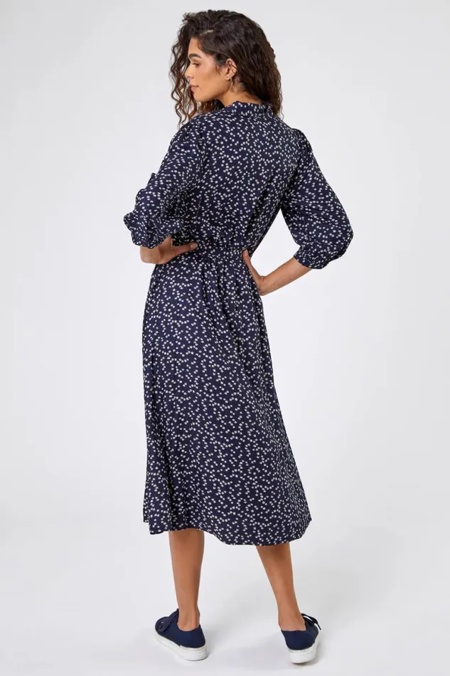 Women Navy Ditsy Floral Midi Shirt Dress Roman Dresses