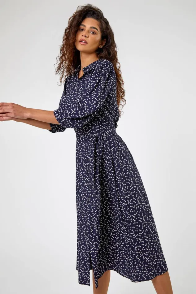 Women Navy Ditsy Floral Midi Shirt Dress Roman Dresses