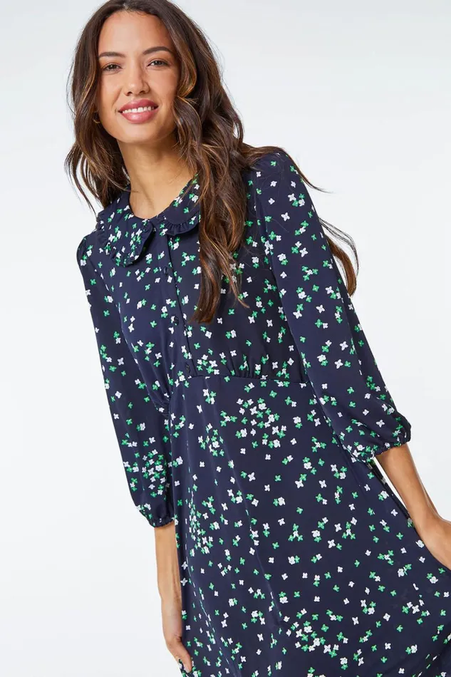Women Navy Ditsy Print Collar Mini Dress Roman Dresses