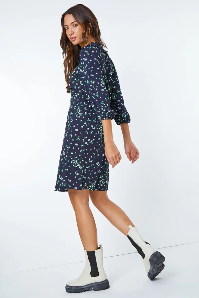 Women Navy Ditsy Print Collar Mini Dress Roman Dresses
