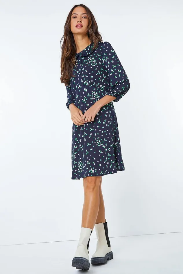 Women Navy Ditsy Print Collar Mini Dress Roman Dresses