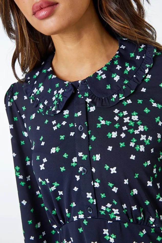 Women Navy Ditsy Print Collar Mini Dress Roman Dresses