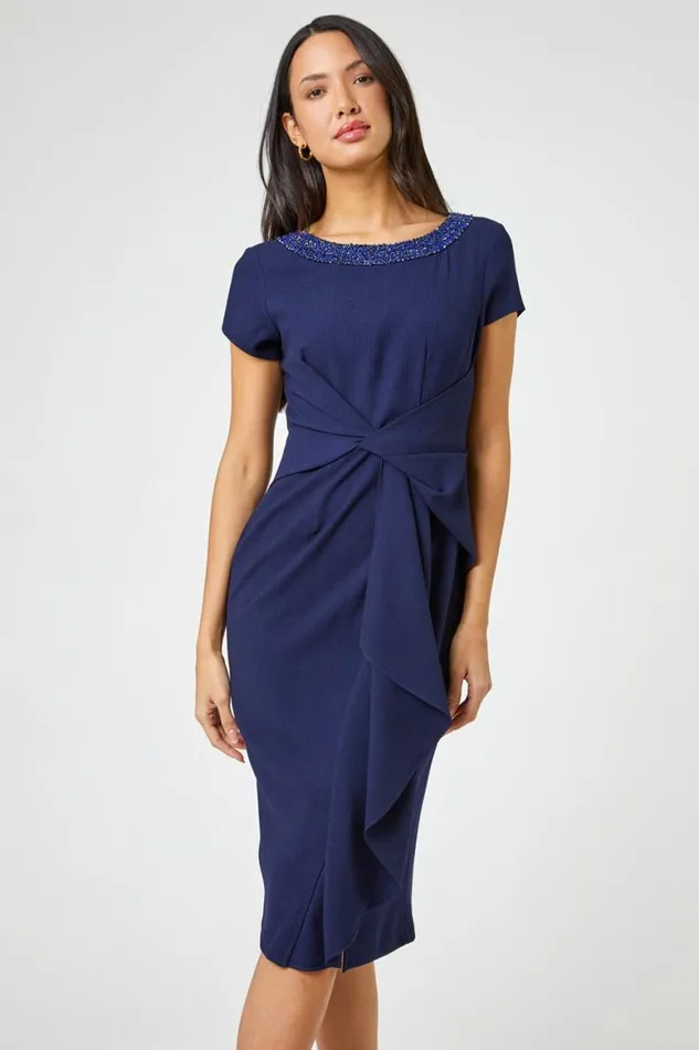 Women Navy Embellished Stretch Twist Waist Ruched Dress Roman Dresses