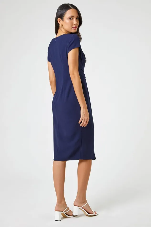 Women Navy Embellished Stretch Twist Waist Ruched Dress Roman Dresses