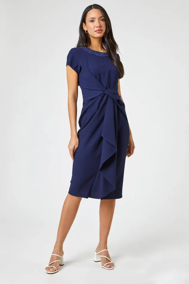 Women Navy Embellished Stretch Twist Waist Ruched Dress Roman Dresses