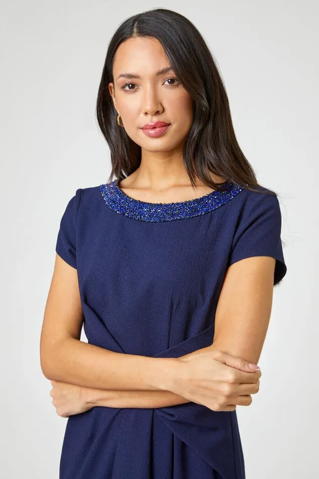 Women Navy Embellished Stretch Twist Waist Ruched Dress Roman Dresses