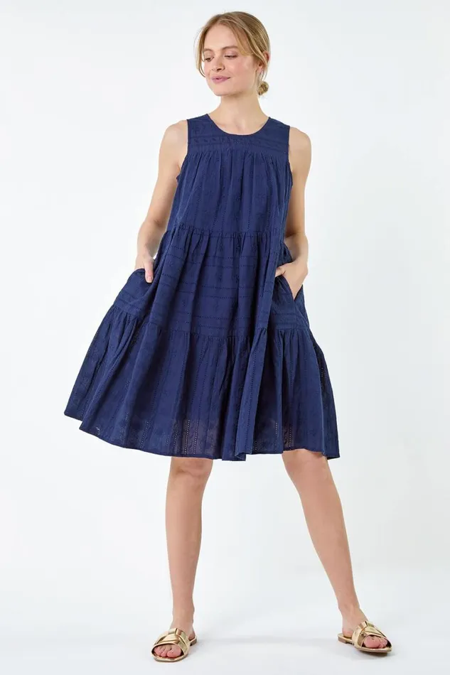 Women Navy Embroidered Cotton Pocket Smock Dress Roman Dresses