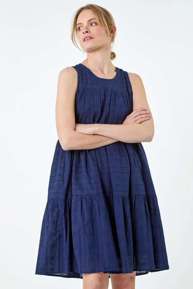 Women Navy Embroidered Cotton Pocket Smock Dress Roman Dresses