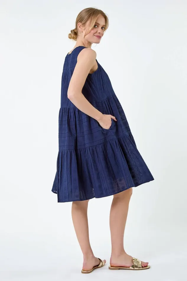 Women Navy Embroidered Cotton Pocket Smock Dress Roman Dresses