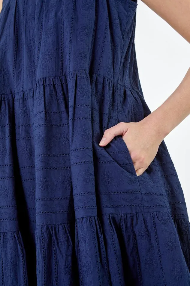 Women Navy Embroidered Cotton Pocket Smock Dress Roman Dresses