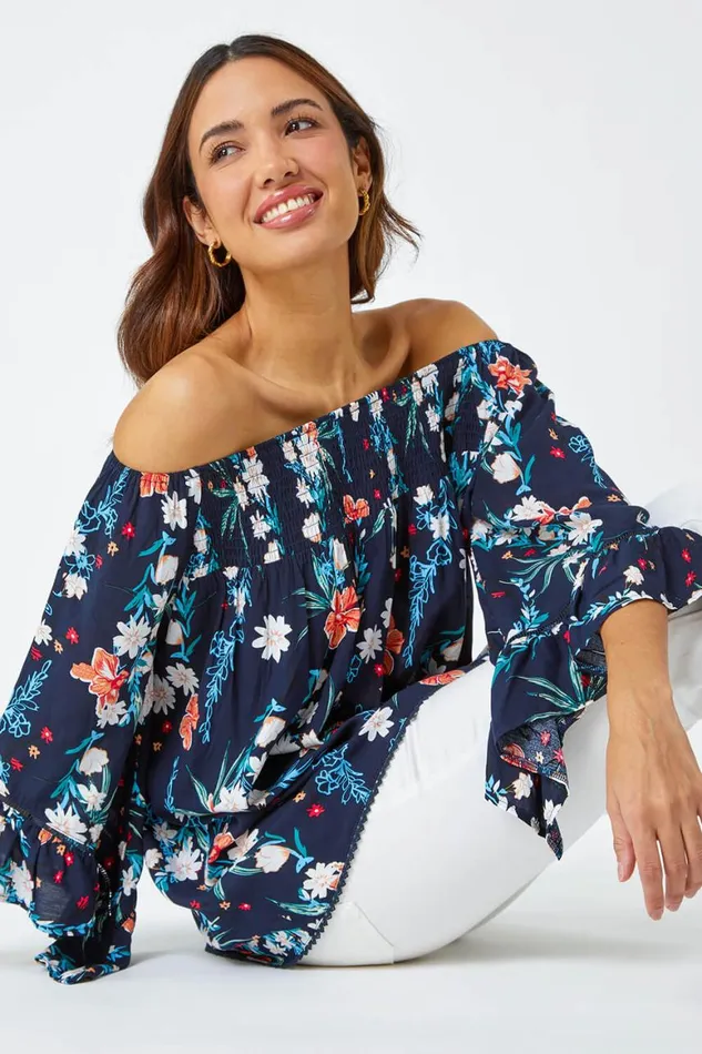Women Navy Floral Frill Sleeve Bardot Top Roman Tops