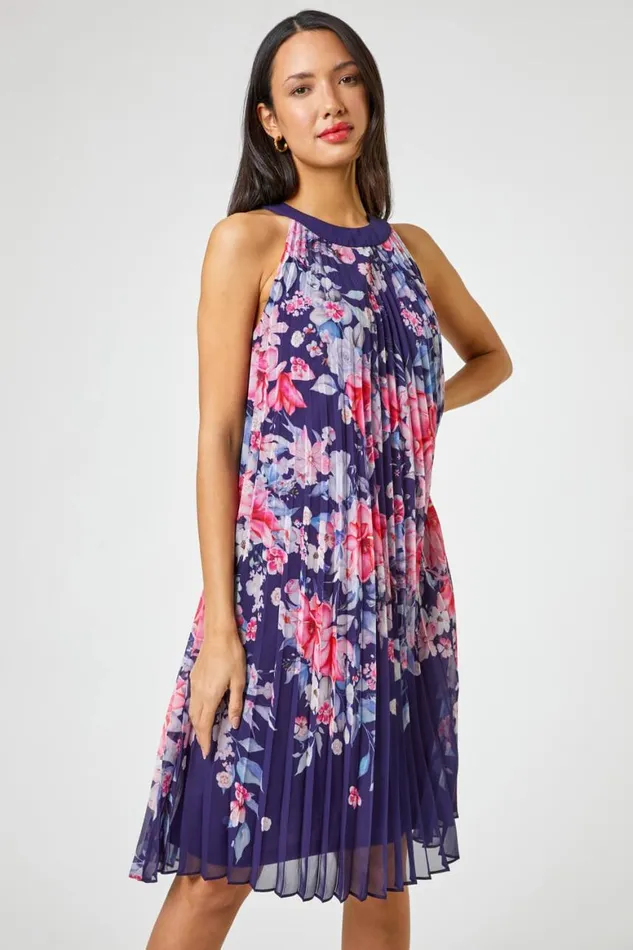 Women Navy Floral High Neck Pleated Chiffon Swing Dress Roman Dresses