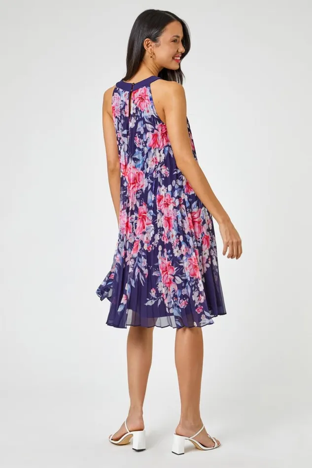 Women Navy Floral High Neck Pleated Chiffon Swing Dress Roman Dresses