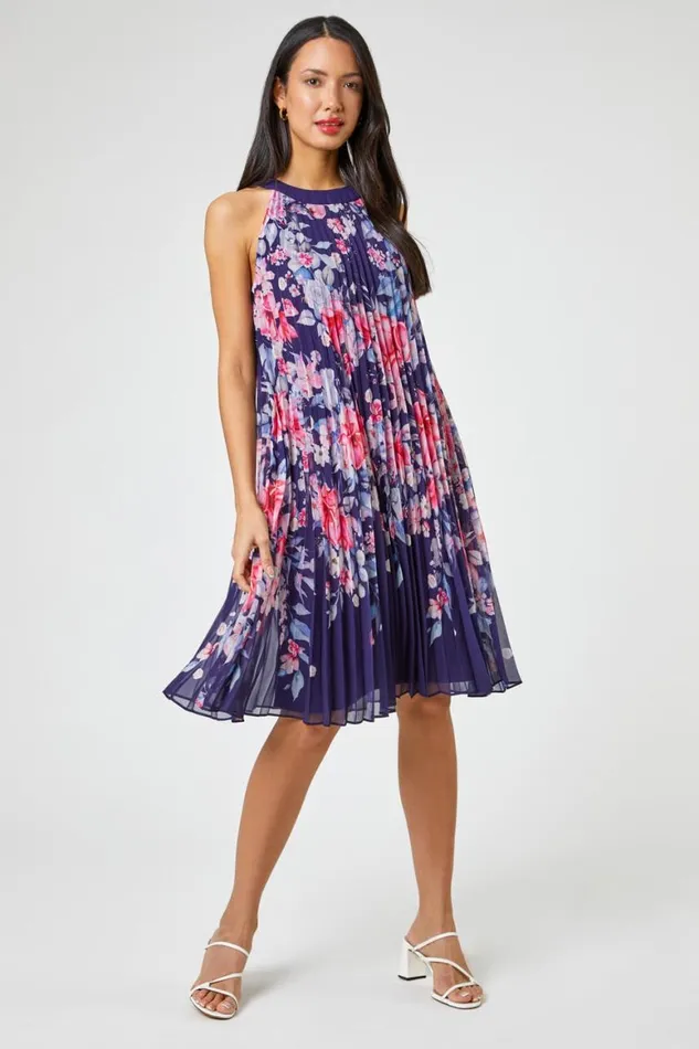 Women Navy Floral High Neck Pleated Chiffon Swing Dress Roman Dresses