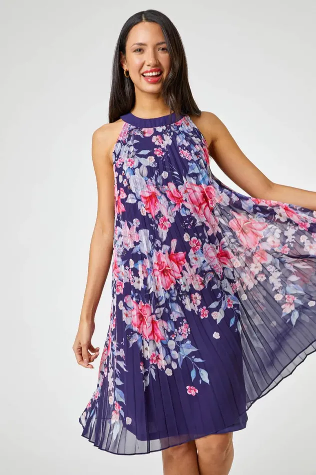 Women Navy Floral High Neck Pleated Chiffon Swing Dress Roman Dresses