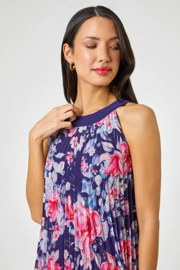 Women Navy Floral High Neck Pleated Chiffon Swing Dress Roman Dresses