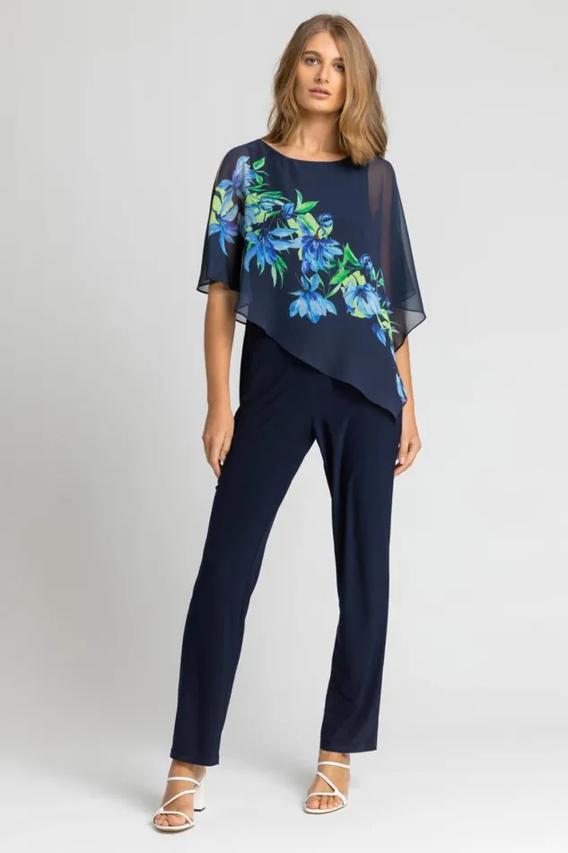 Women Navy Floral Print Chiffon Cape Jumpsuit Roman Dresses