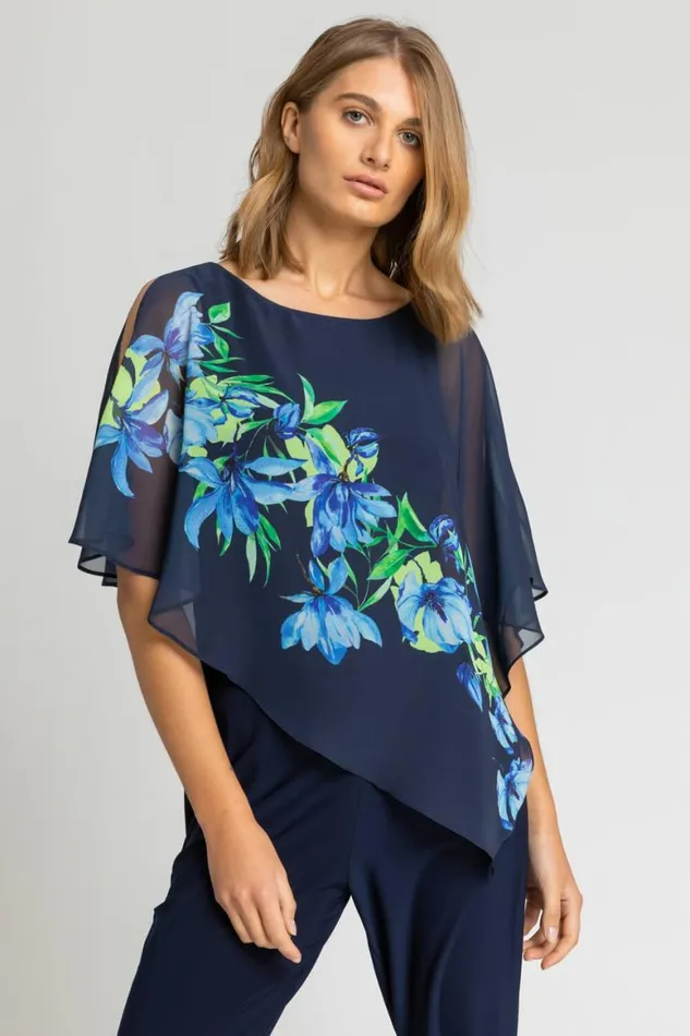 Women Navy Floral Print Chiffon Cape Jumpsuit Roman Dresses