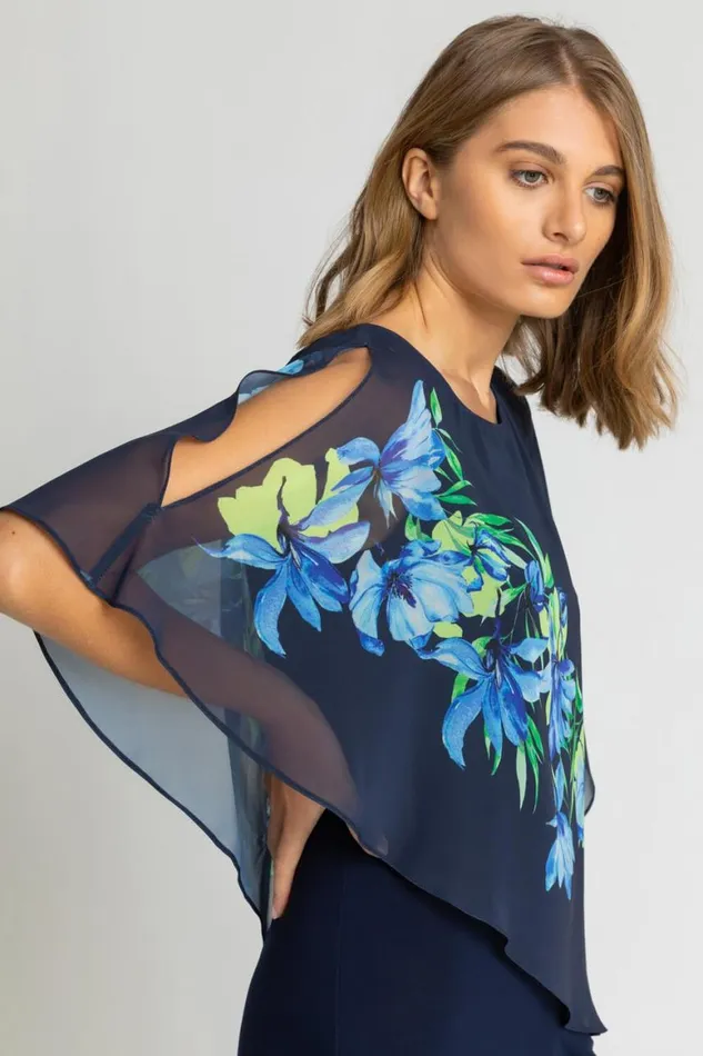 Women Navy Floral Print Chiffon Cape Jumpsuit Roman Dresses