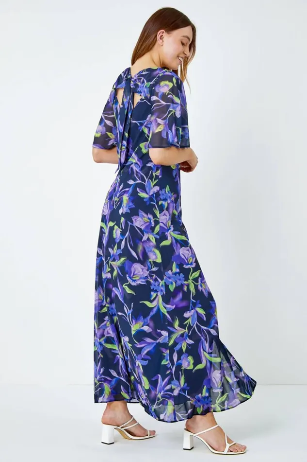 Women Navy Floral Print Chiffon Maxi Dress Roman Dresses