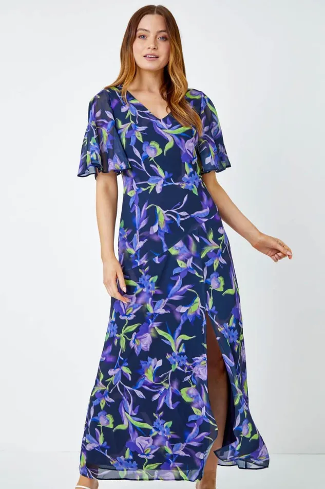 Women Navy Floral Print Chiffon Maxi Dress Roman Dresses