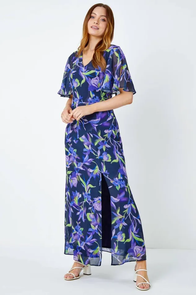 Women Navy Floral Print Chiffon Maxi Dress Roman Dresses