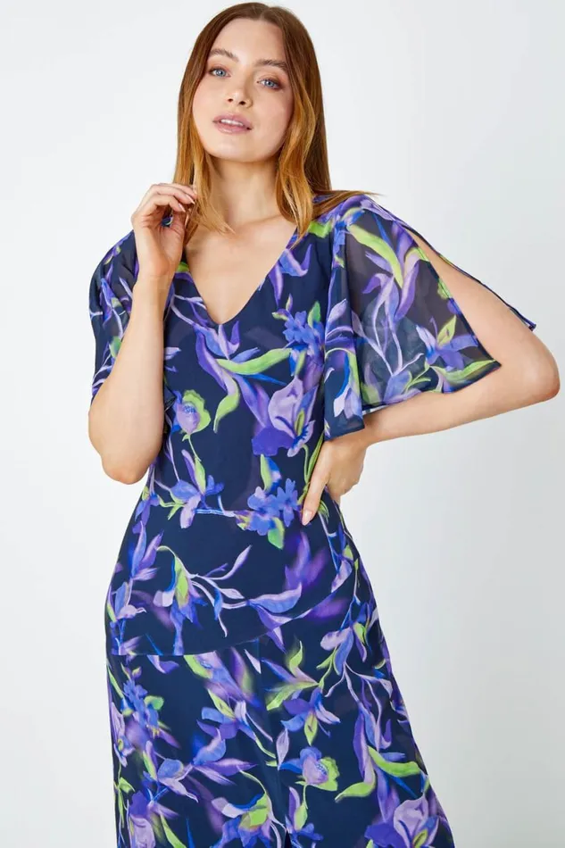 Women Navy Floral Print Chiffon Maxi Dress Roman Dresses
